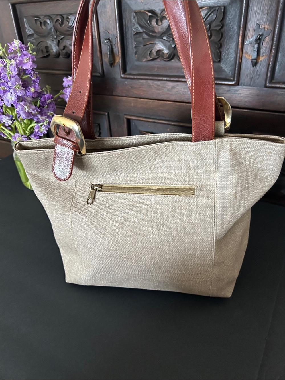 Beautiful Beige Canvas Tote with Brown Leather Straps - Picture 6 of 13